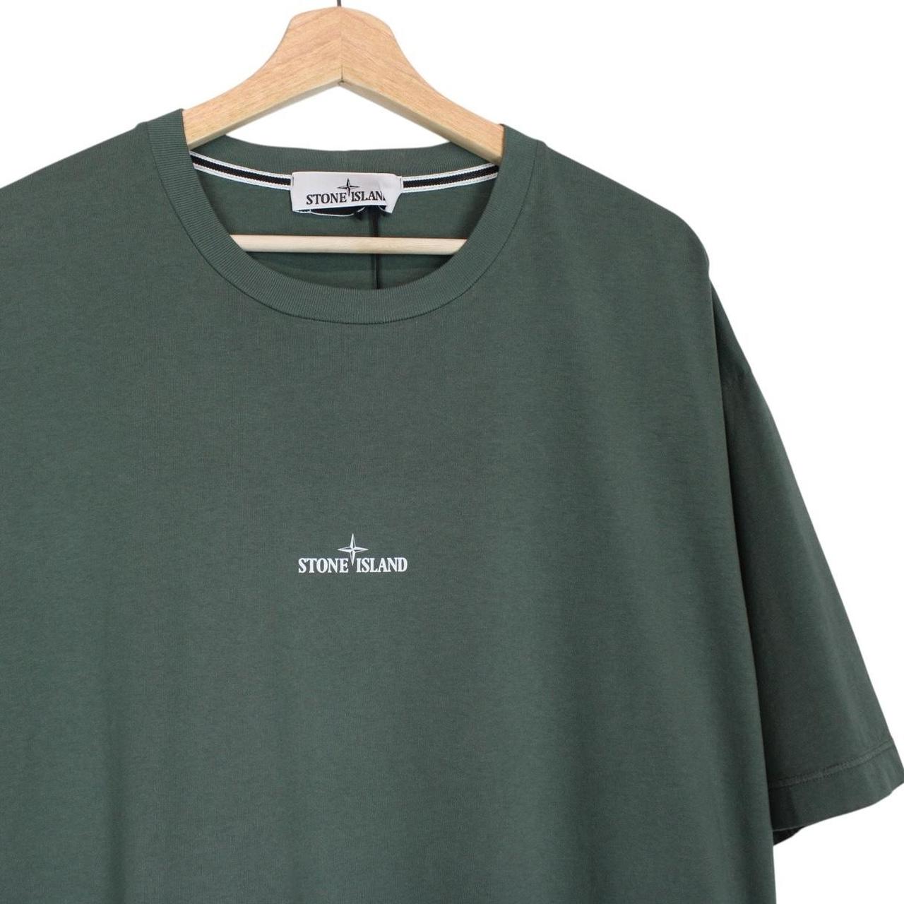 Stone Island SS 2024 Green and White Scratched Paint Logo Short Sleeve Cotton T-Shirt