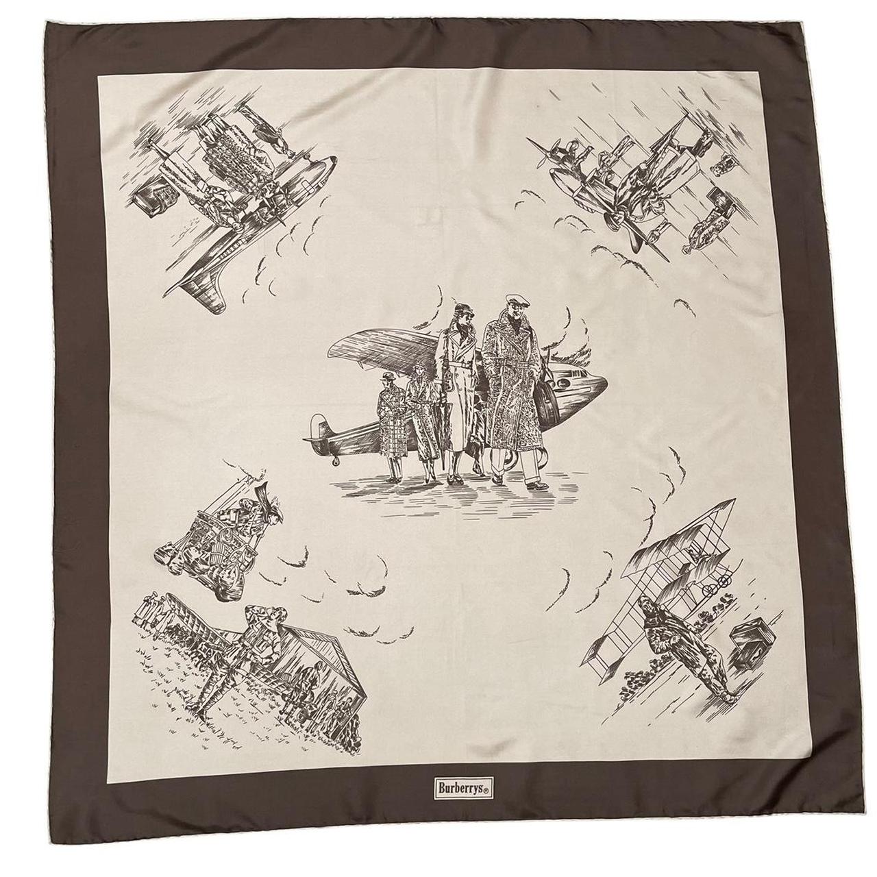 Vintage Burberry Beige and Brown Aviation Print Silk Scarf