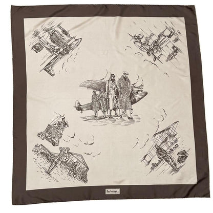 Vintage Burberry Beige and Brown Aviation Print Silk Scarf