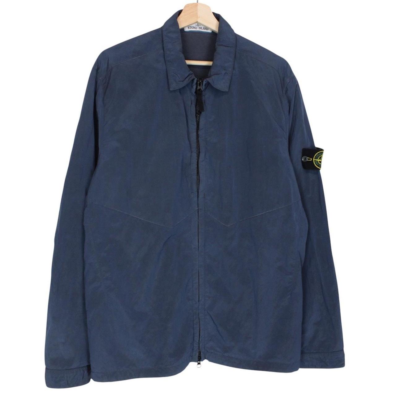 Stone Island navy blue full zip nylon overshirt with logo patch and metal finish.
