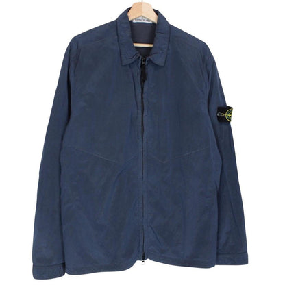 Stone Island navy blue full zip nylon overshirt with logo patch and metal finish.