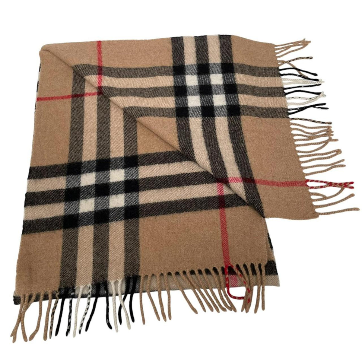 Burberry beige cashmere scarf featuring classic Nova Check pattern and logo.