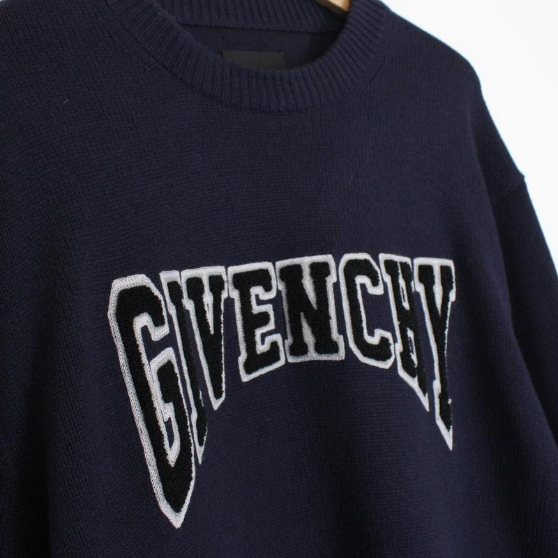 Givenchy Paris Navy Blue College Embroidery Cashmere Wool Knit Jumper