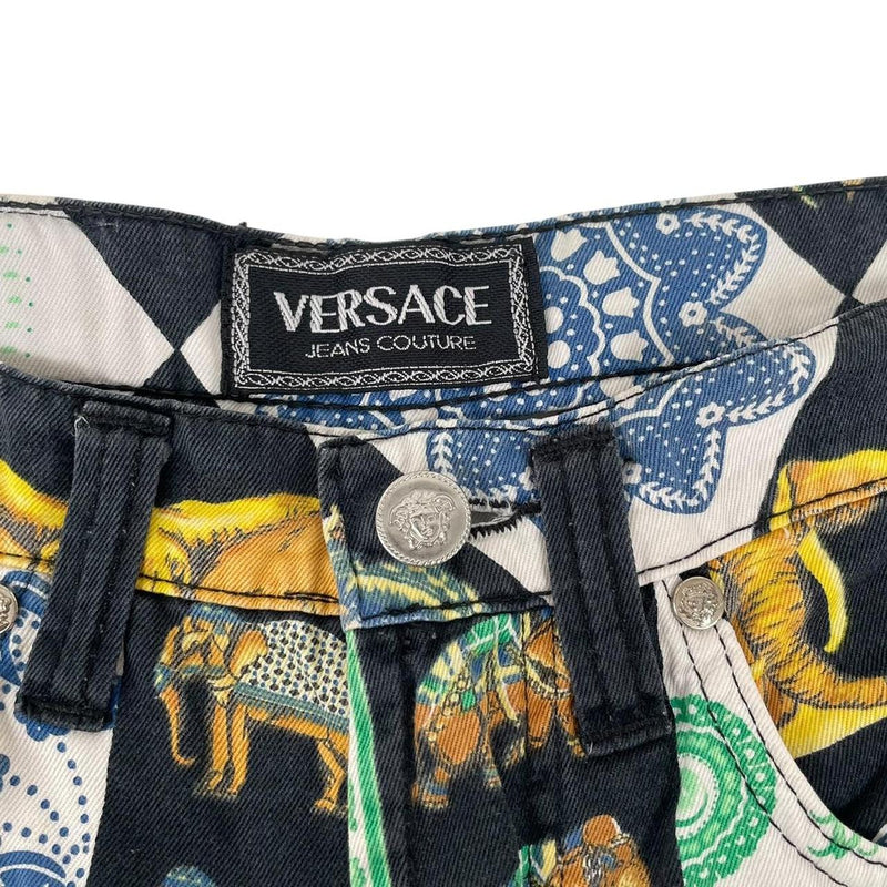 Vintage 90s Versace Jeans Couture Multicoloured Elephant Print High Waisted