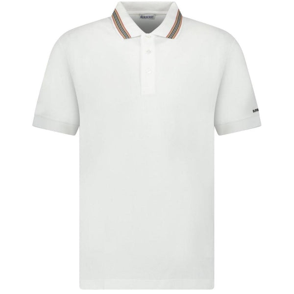 Burberry white polo shirt with striped check collar and cotton material.