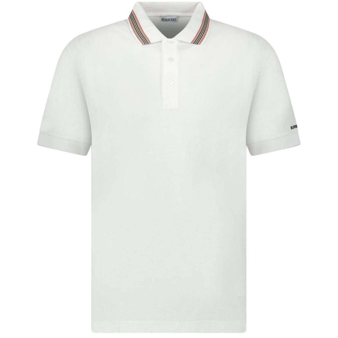 Burberry white polo shirt with striped check collar and cotton material.