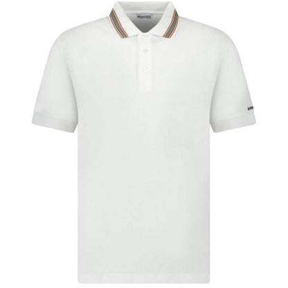 Burberry white polo shirt with striped check collar and cotton material.