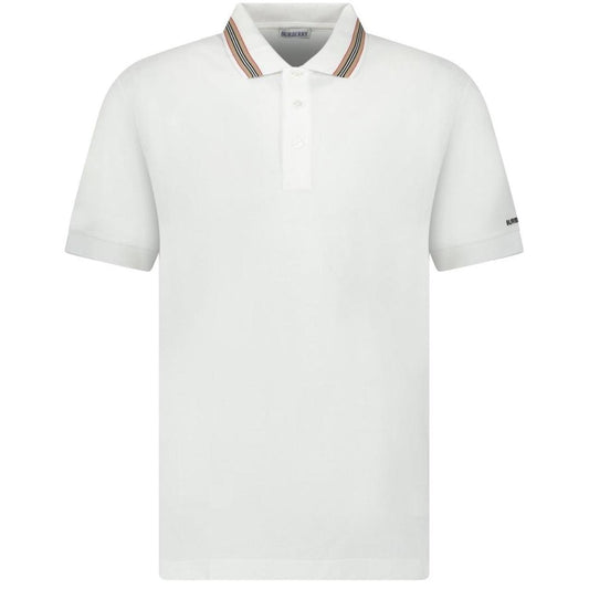 Burberry white polo shirt with striped check collar and cotton material.