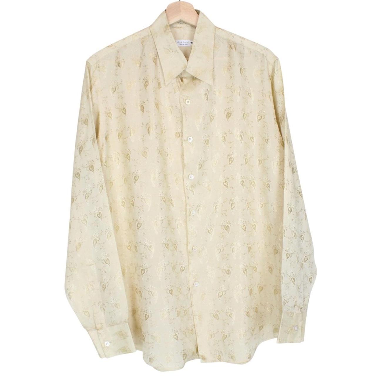 Paul Smith beige long sleeve silk shirt with subtle logo detail and smooth texture.
