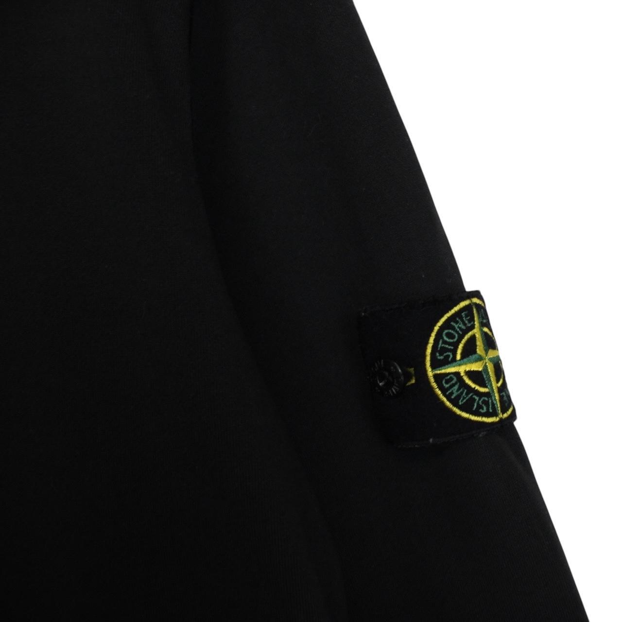 Stone Island black hoodie jumper with embroidered compass logo and cotton material.