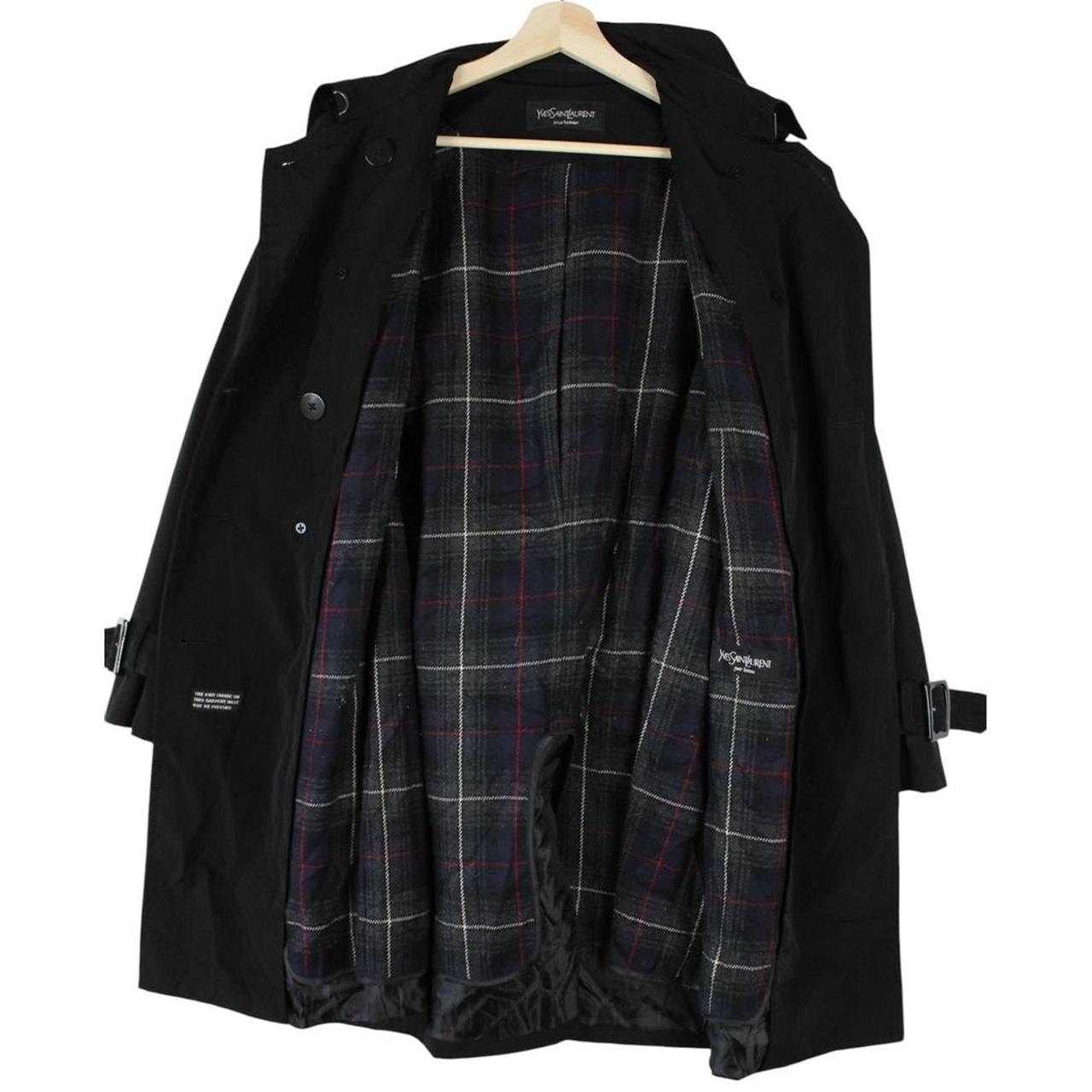 Yves Saint Laurent black double breasted belted trench coat with vintage 90s design.