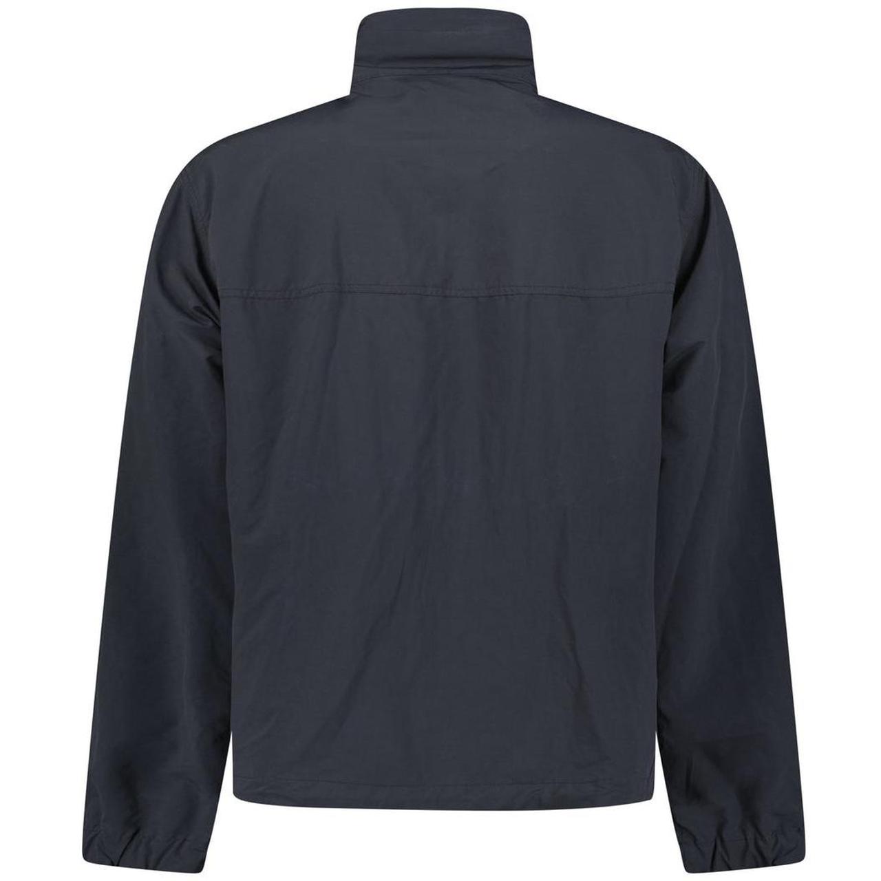Moncler black windbreaker jacket with full zip, logo patch on sleeve, lightweight material.
