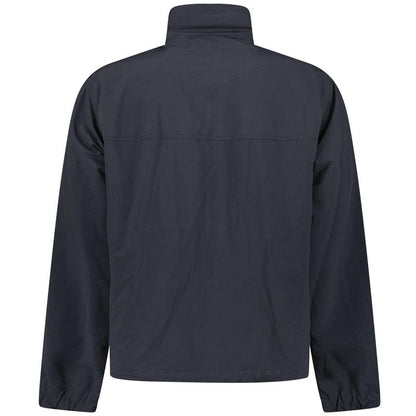 Moncler black windbreaker jacket with full zip, logo patch on sleeve, lightweight material.