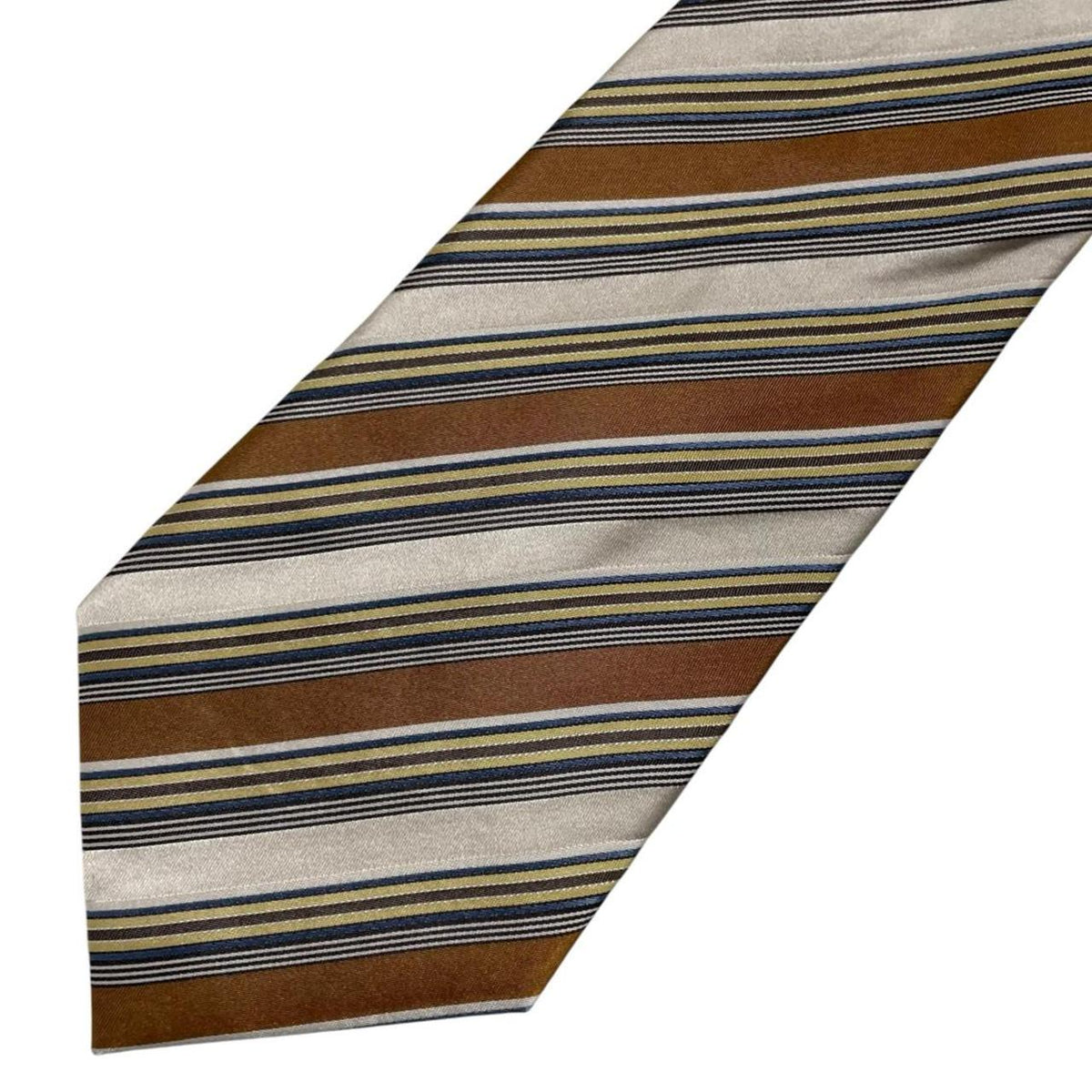 Balmain multicoloured striped silk tie featuring bold stripes in beige, blue, brown, and yellow.