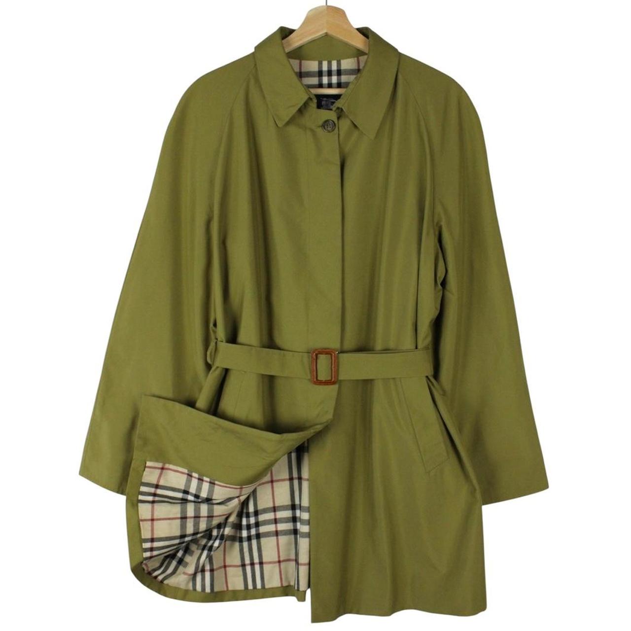 Burberry green trench coat with Nova Check pattern and belted waist detail.
