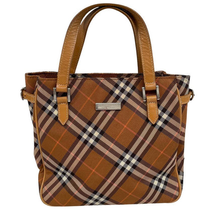 Burberry brown duffel bag featuring classic Nova Check pattern and canvas material.