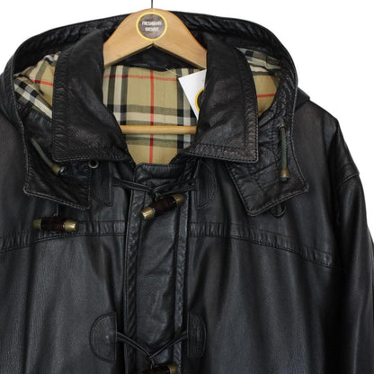 Vintage 90s Burberry Black Nova Check Lined Leather Duffle Coat