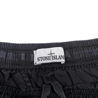 Stone Island black cargo shorts with logo patch and cotton material, size medium.