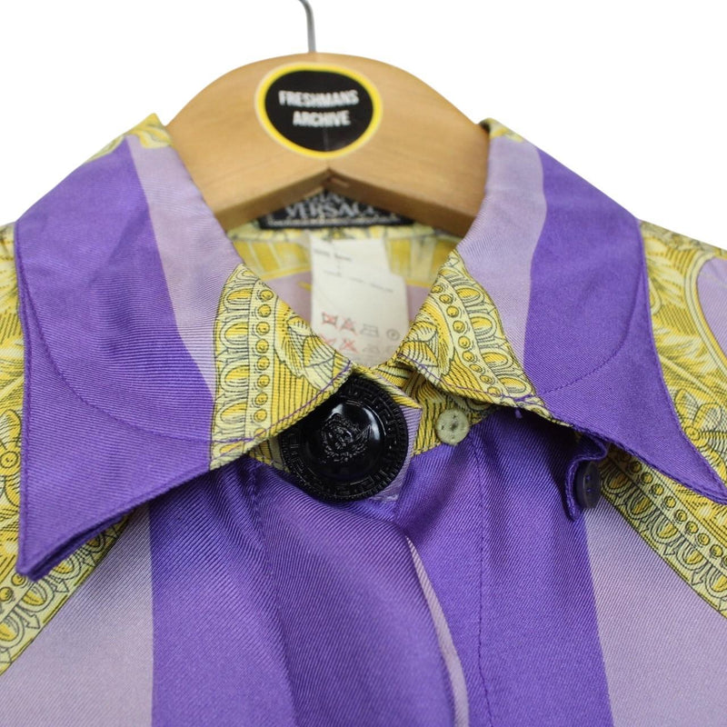 Vintage 90s Gianni Versace Purple and Gold Long Sleeve Baroque Silk Shirt