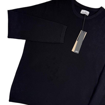 Stone Island black ribbed knit jumper with logo badge and organic cotton material.