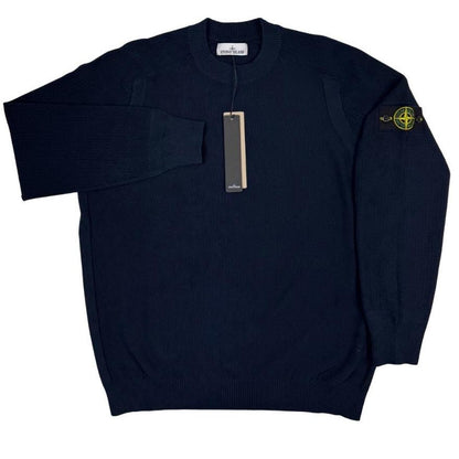 Stone Island navy blue cotton knit jumper with micro stitch detailing and logo patch.