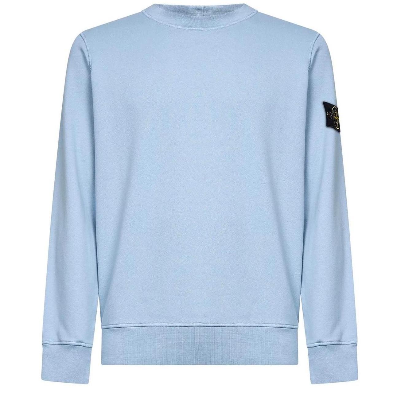 Stone Island blue cotton crew neck sweatshirt with embroidered compass logo and tags.
