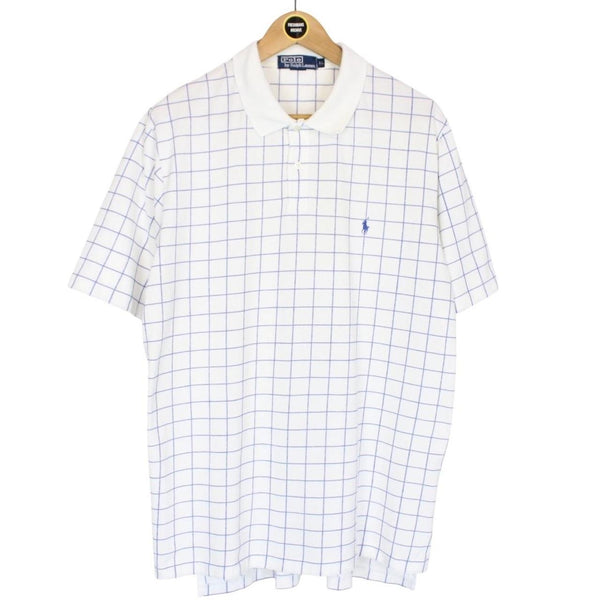 Vintage Polo Ralph Lauren White and Blue Checked Short Sleeve Cotton Polo Shirt