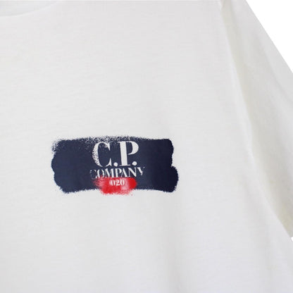 CP Company white short sleeve cotton t-shirt with chest logo print and pocket detail.