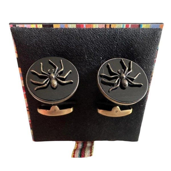Paul Smith gunmetal cufflinks 2D spider design with intricate detailing and brand logo.