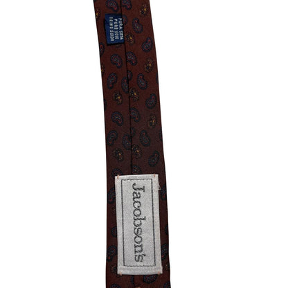 Burberry brown silk tie with vintage paisley print design and logo detail.