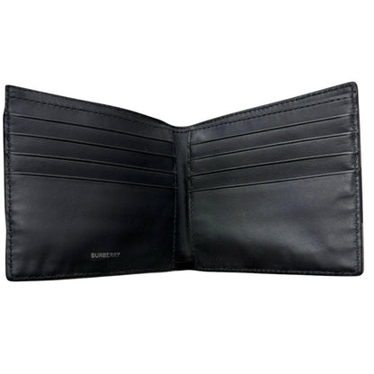 Burberry navy blue bifold wallet featuring iconic Nova Check pattern and logo.