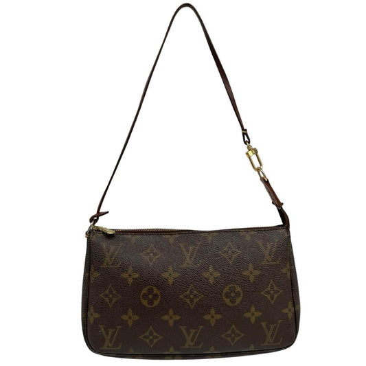 Louis Vuitton brown messenger bag with monogram pattern and gold-tone hardware.