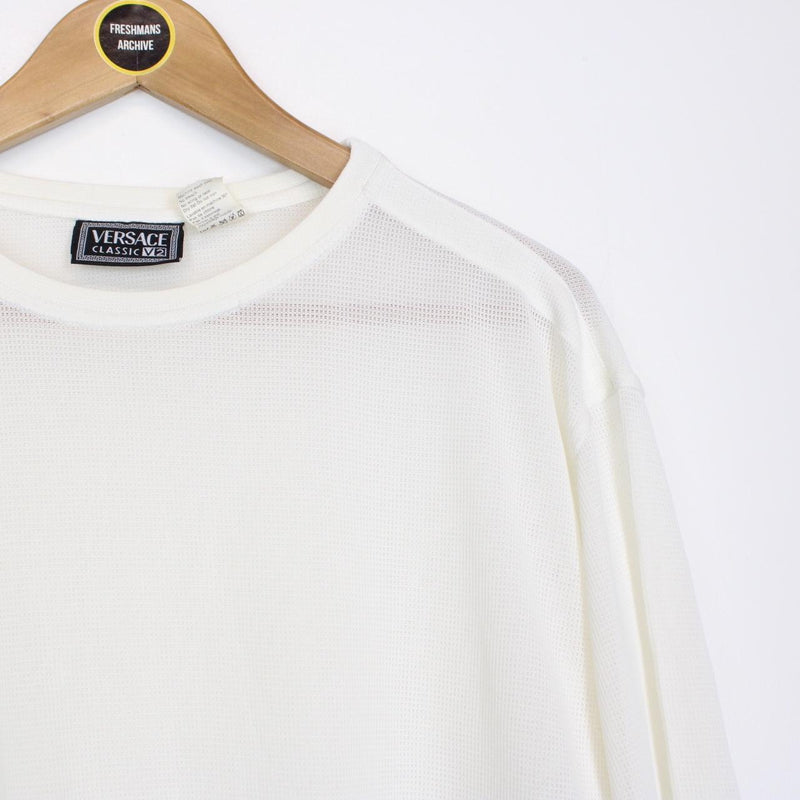 Vintage 90s Versace Classic Cream Woven Knit Short Sleeve T-Shirt