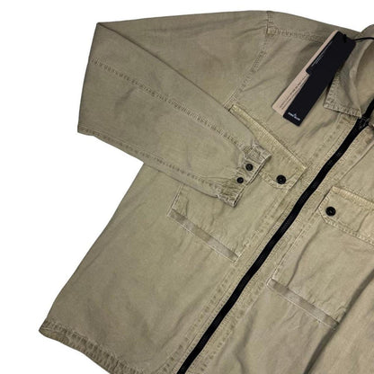 Stone Island khaki brown full zip cotton overshirt with logo patch and tag attached.
