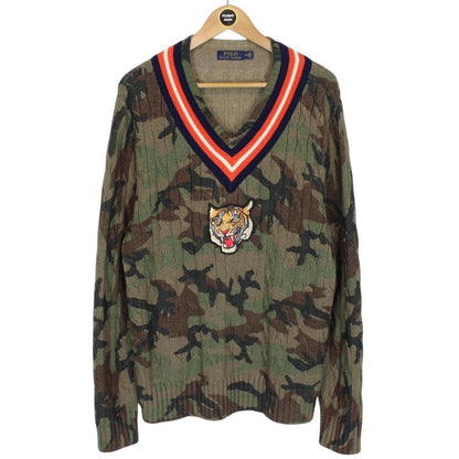 Polo Ralph Lauren Green Camo Tiger Cotton Cable Knit Cricket Jumper