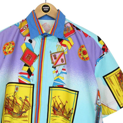 Vintage 90s Versace Sport Multicoloured Ships Print Short Sleeve Cotton Shirt