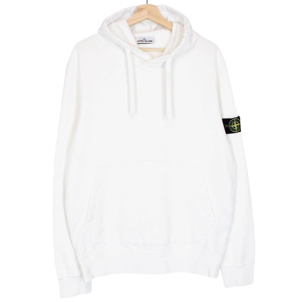 Stone Island black hoodie jumper with logo patch and cotton material, size large.
