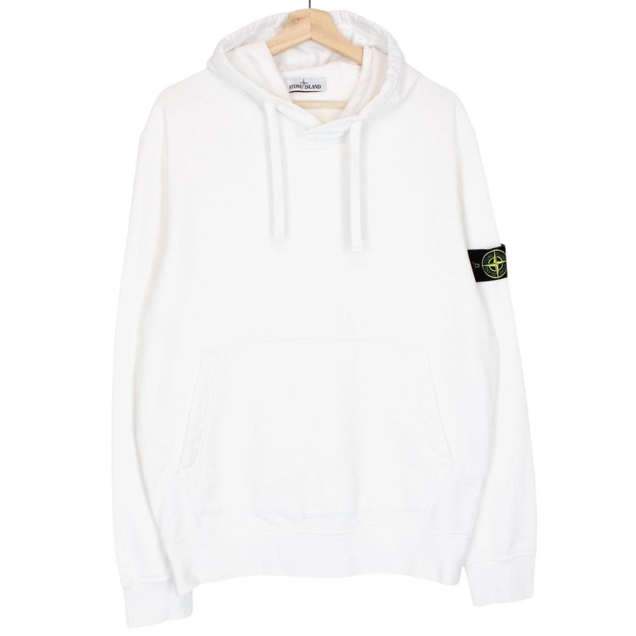 Stone Island black hoodie jumper with logo patch and cotton material, size large.