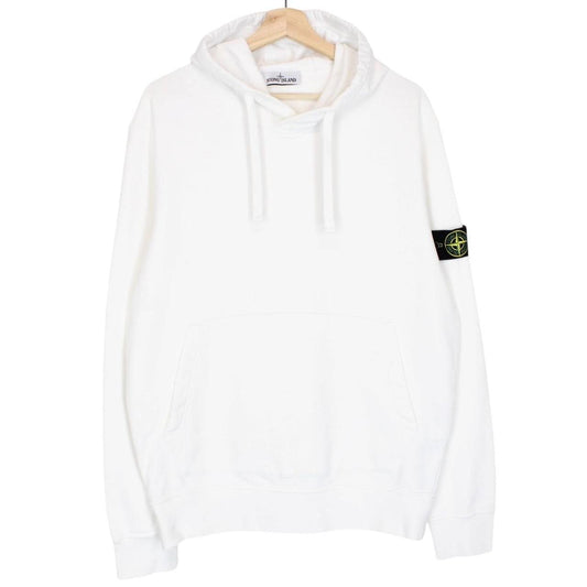 Stone Island black hoodie jumper with logo patch and cotton material, size large.