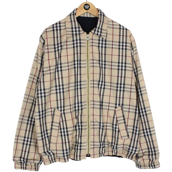 Vintage Burberry London Navy Blue and Tan Brown Nova Check Reversible Harrington
