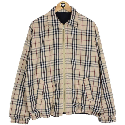 Vintage Burberry London Navy Blue and Tan Brown Nova Check Reversible Harrington