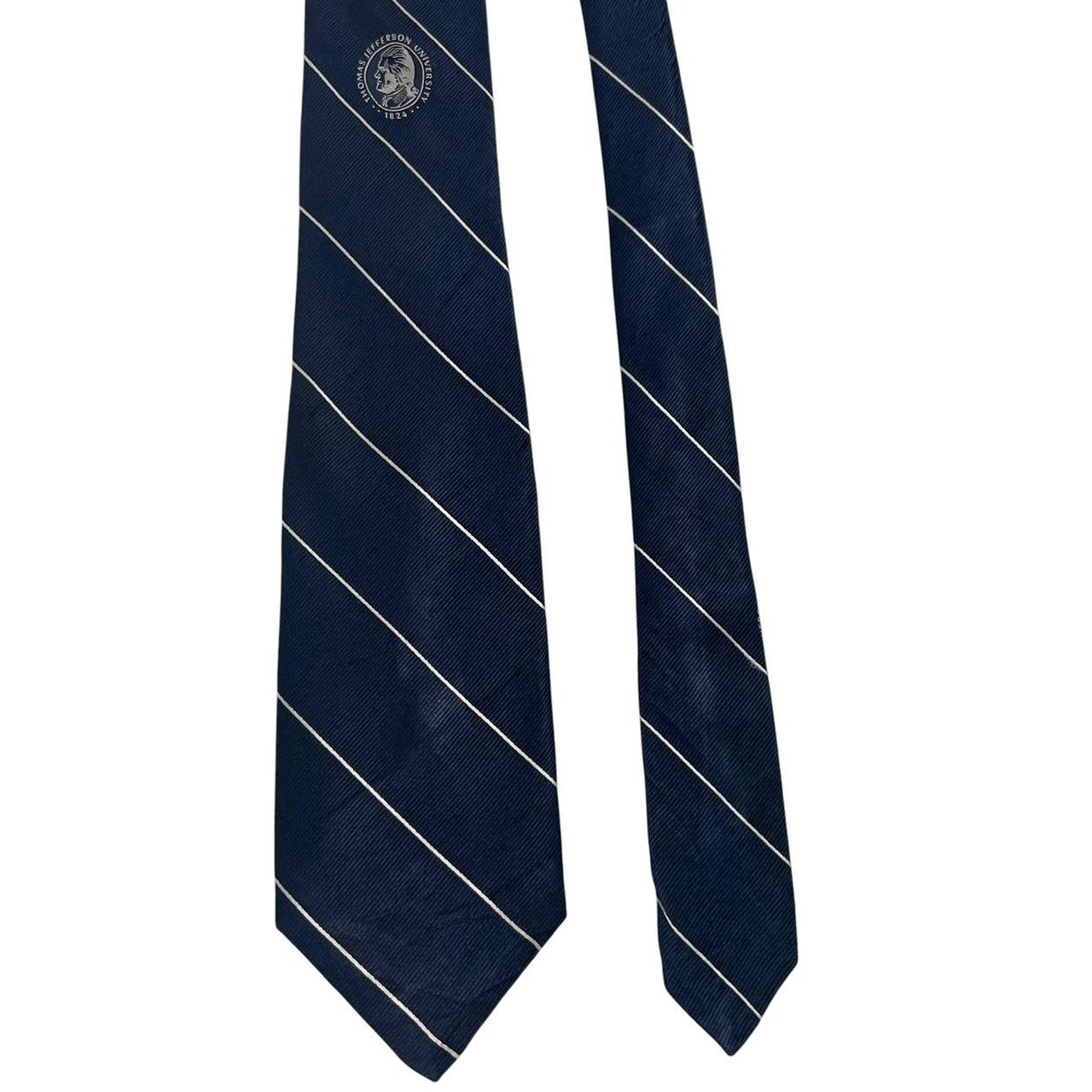 Givenchy navy blue polyester tie featuring Thomas Jefferson University logo.