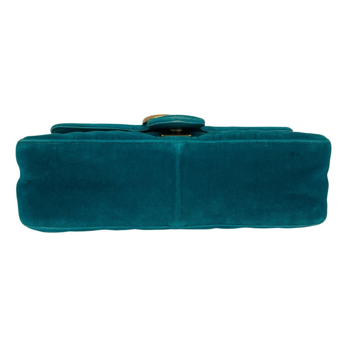 Gucci turquoise velvet shoulder bag with gold GG logo and green accents.