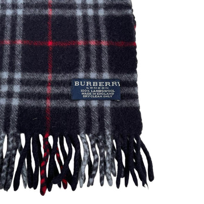 Burberry navy blue lambswool scarf with classic Nova Check pattern.