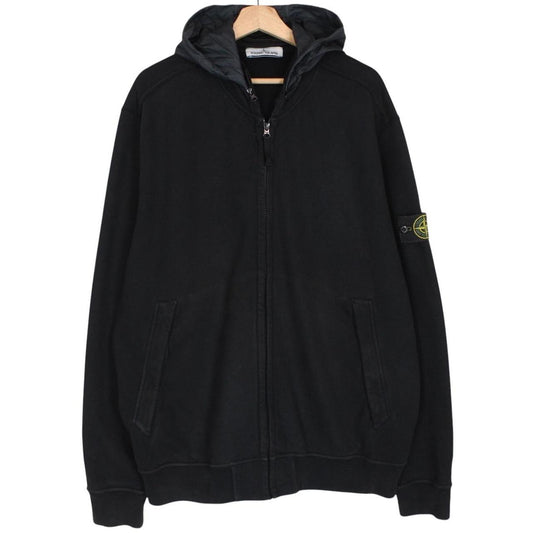 Stone Island black full zip hoodie with logo patch and cotton material.