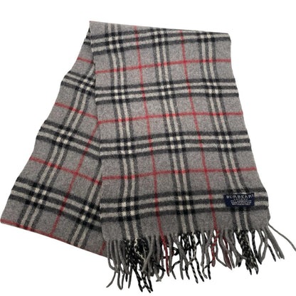 Burberry grey lambswool scarf featuring classic Nova Check pattern and logo.