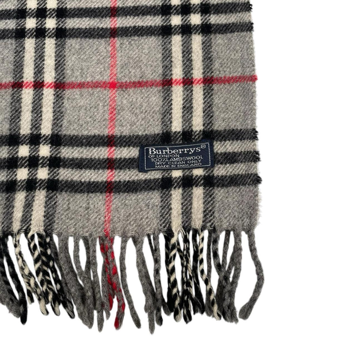 Burberry grey lambswool scarf featuring classic Nova Check pattern and logo.