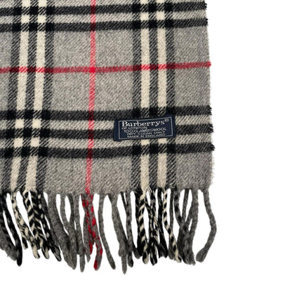 Burberry grey lambswool scarf featuring classic Nova Check pattern and logo.