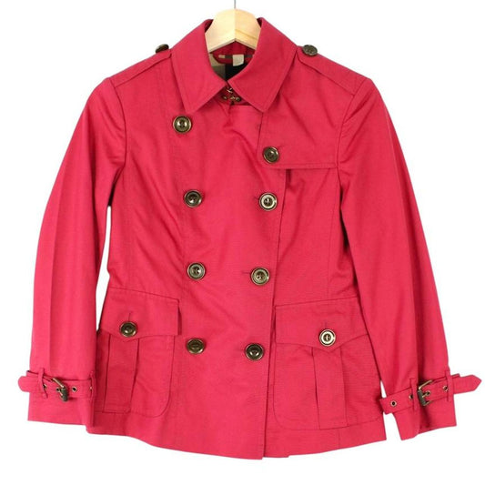 Burberry pink double breasted jacket with Nova Check pattern and logo detail.