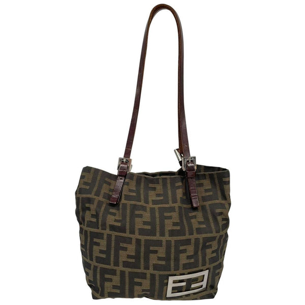 Fendi brown duffel bag featuring iconic Zucca monogram canvas and durable handles.